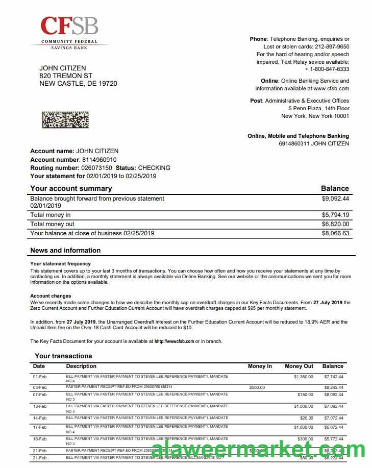 USA New York CFSB bank statement